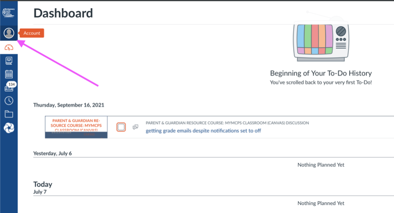 Canvas dashboard with an arrow pointing to the Account button in the left sidebar