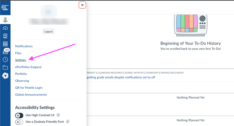 Canvas account panel with an arrow pointing to the Settings link