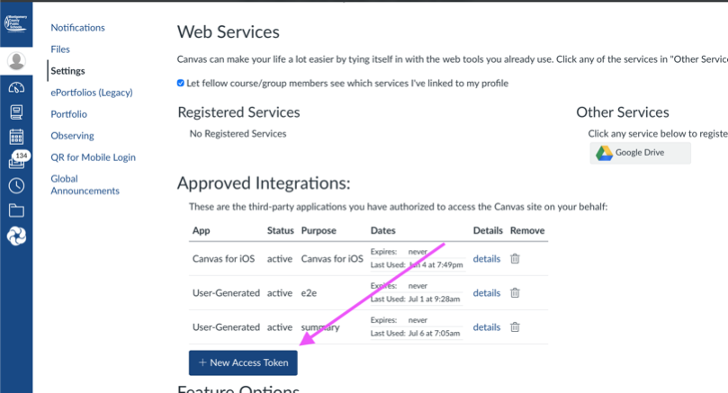 Canvas settings page with an arrow pointing to the New Access Token button under Approved Integrations
