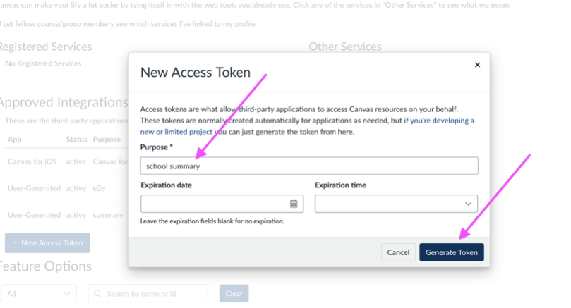 Canvas New Access Token dialog with arrows pointing to the Purpose field and the Generate Token button