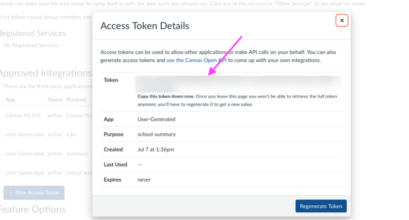 Canvas Access Token Details dialog with an arrow pointing to the token value to copy